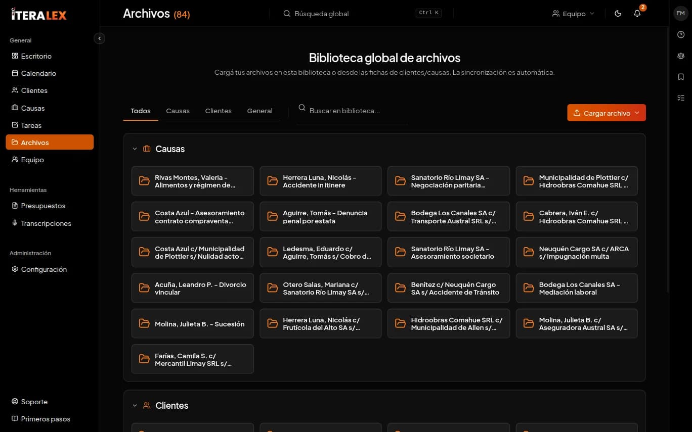 Biblioteca de archivos del estudio agrupada por causas, clientes y general