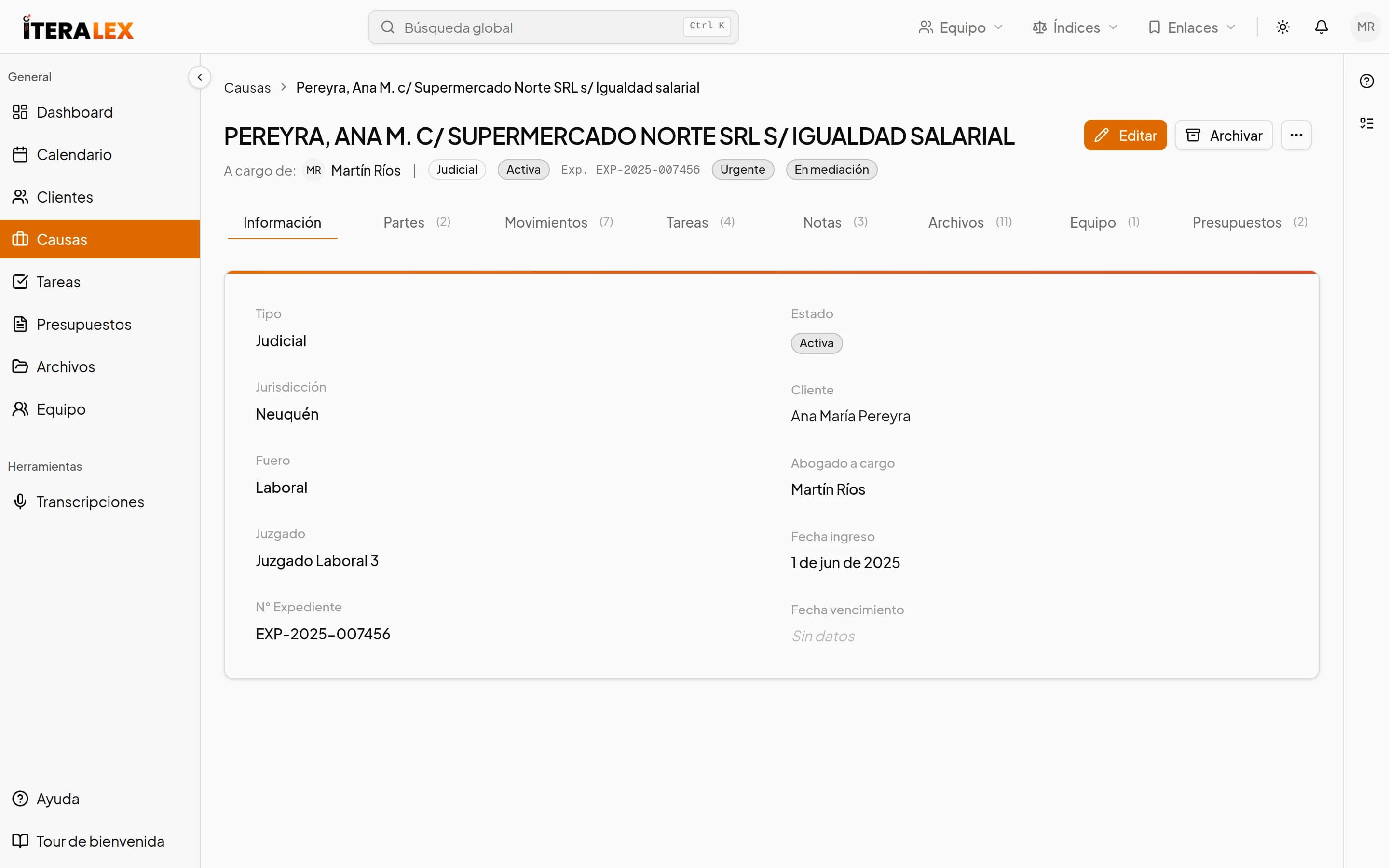 Ficha de una causa con datos, partes, movimientos y equipo