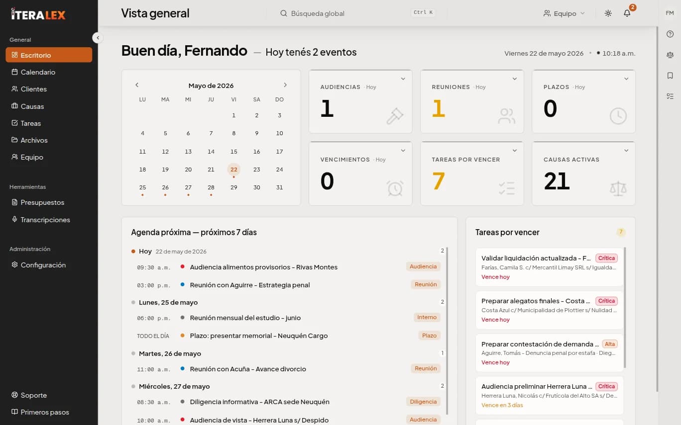 Escritorio de ÍTERA Lex — agenda, contadores, tareas y pendientes