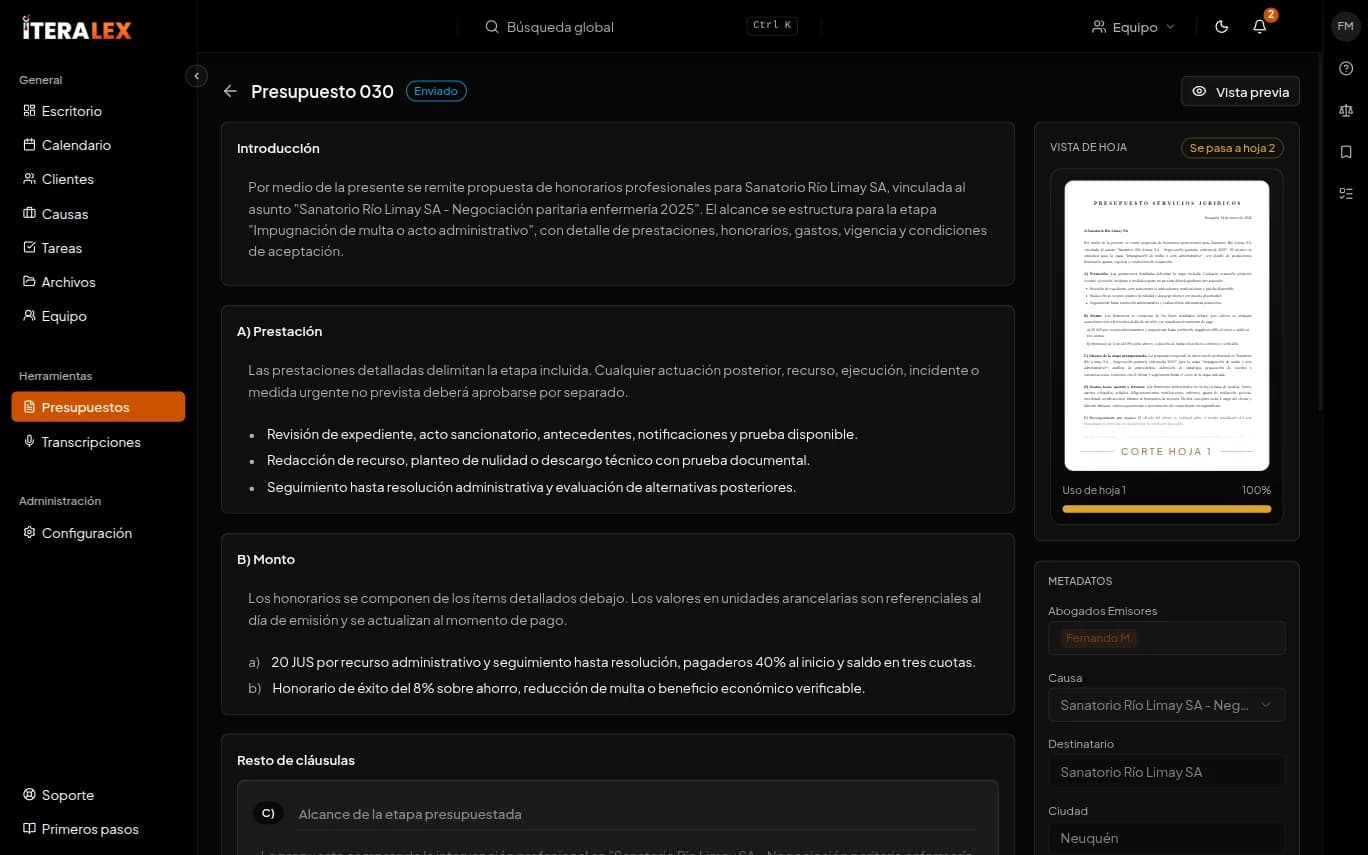 Editor del presupuesto con vista previa A4 al costado