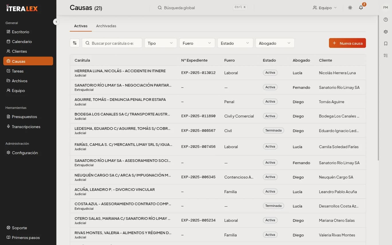Causas judiciales — estados procesales, fueros y equipo asignado