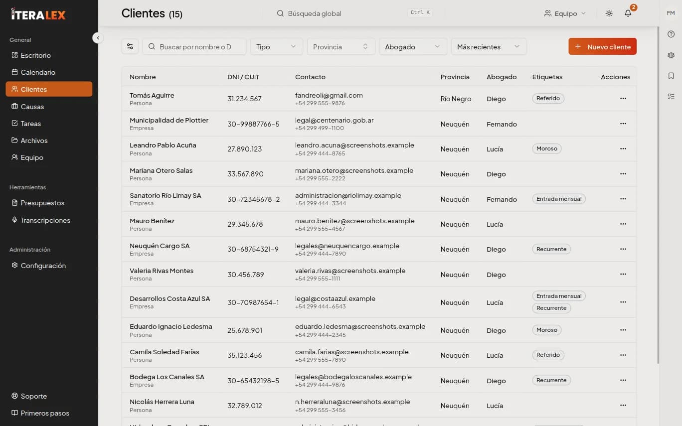 Clientes del estudio — DNI, CUIT, causas vinculadas y contactos