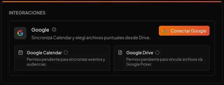 Sección de Integraciones en la configuración de ÍTERA Lex con el botón Conectar Google